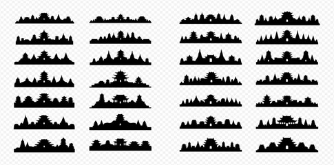 Obraz premium Set of various city skylines and urban landscapes silhouettes, featuring different architectural styles and famous landmarks from around the world.
