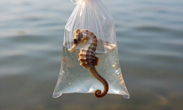 seahorse partially submerged calm seawater floats listlessly inside discarded transparent plastic bag bathed warm sunlight soft