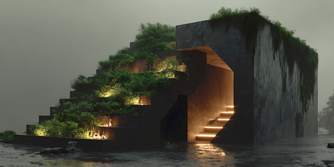 A moody, futuristic architectural structure with stepped terraces covered in greenery, illuminated by warm lights and rising from shallow water under an overcast sky.