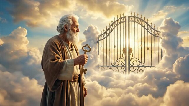 Man holding key to heaven gates. Saint peter in clouds, spiritual journey. Religious concept with divine light and salvation.