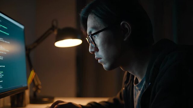 Programmer types on keyboard coding at night with monitor showing code. Developer works programming software in office. Man codes at computer desk. Programmer typing code on keyboard at night.