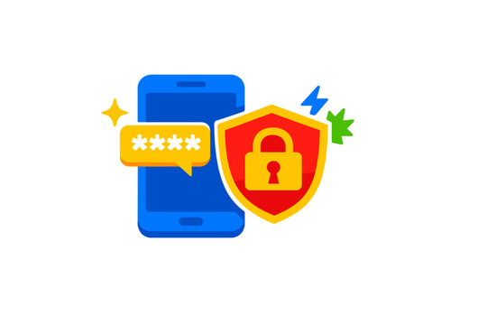 Mobile App Security Illustration - Smartphone with Shield Lock, Hidden Password Bubble and Sparkles Vector