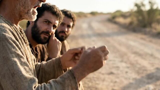 Wise man preaches with hand gestures to attentive men on a dusty road in a historical period setting of religious teaching.