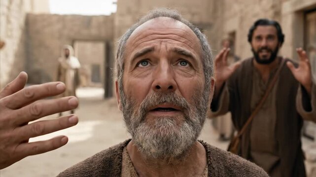An elderly man receives divine healing for his eyesight in a biblical setting, depicting spiritual miracle and faith.