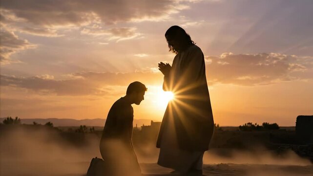 Man kneeling and interacting with Jesus Christ figure at sunset. Religious belief, divine guidance and spiritual prayer concept.