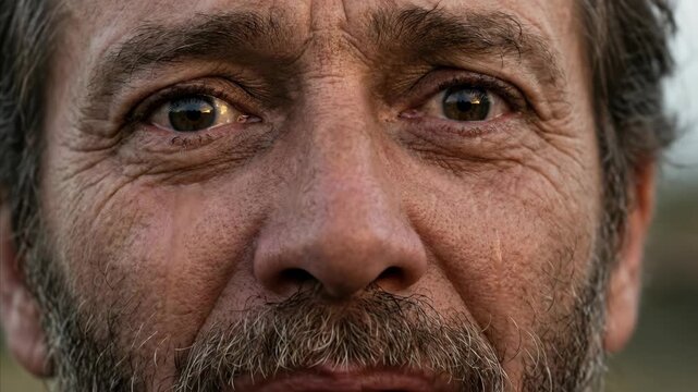 Close up of a crying man with a beard, a tear running down his cheek, showing emotion and sensitivity in a spiritual context.