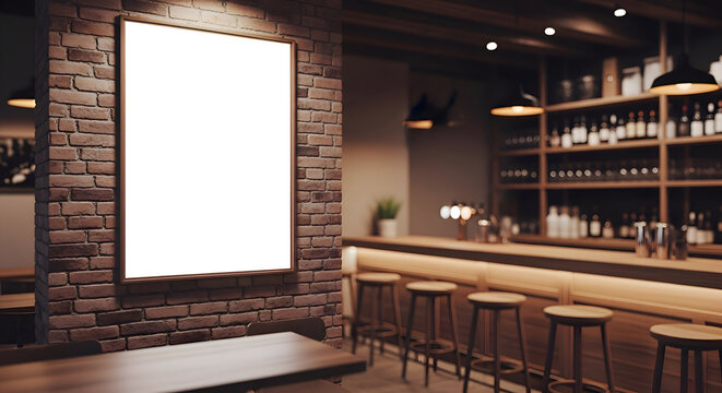 Restaurant logo mockup Blank white poster on brick wall in dimly lit bar with stools and bottles empty frame