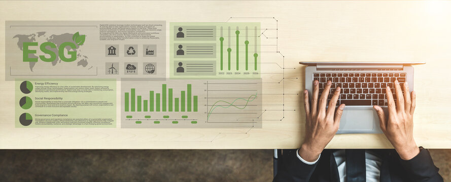 Explore the intricacies of ESG reporting through a detailed infographic showcasing charts, graphs, and data analysis on a wooden desk with a laptop. Gantry