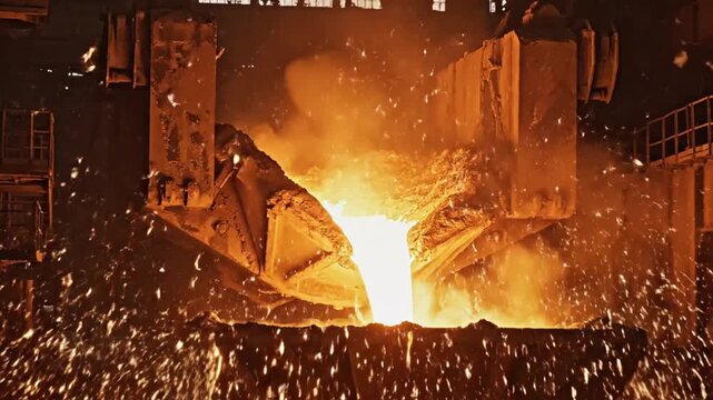 Molten Metal Pouring from Ladle at Industrial Foundry, Sparks Flying