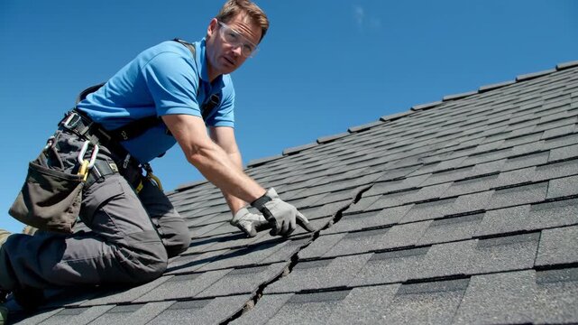 Professional roofer inspecting damaged asphalt shingles on a house roof. Man pointing to a crack in the residential roof during a detailed home inspection. Construction and repair concept