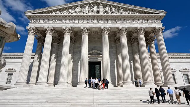 Classical building with columns and visitors