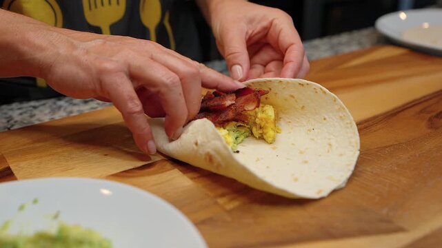 close up of hands rolling a breakfast burrito with eggs bacon and avocado