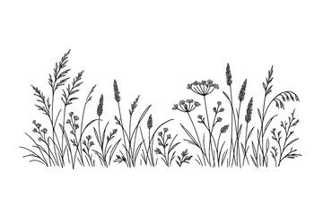 Fototapeta premium Minimalist hand drawn wild meadow grass and flowers line art
