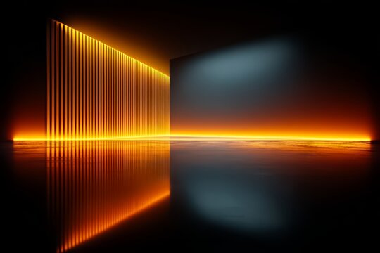 Dark room with a wall of orange lights and a blue wall. The orange lights are reflecting off the blue wall
