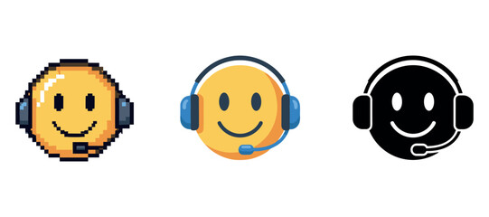 Obraz premium Smiley faces with headsets: pixel, flat, and icon styles