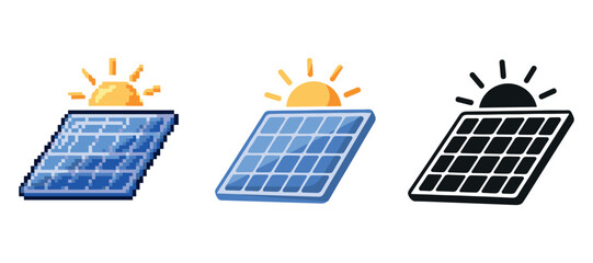 Fototapeta na wymiar Pixel art solar panels with sun icons in different styles
