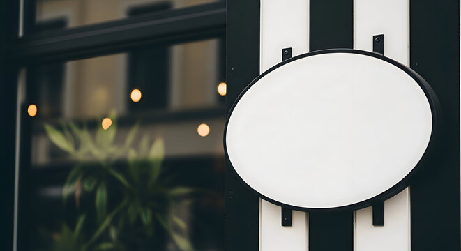 Restaurant logo mockup Oval Blank Sign on Building Facade with Window Reflection photo
