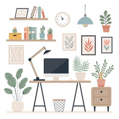 Fototapeta premium Modern home office desk setup with computer, plants, and decorative elements in a cozy workspace environment viewed from directly above.