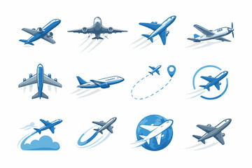 Blue airplane icons set: flight, travel, aviation, global journey, flat vector illustration