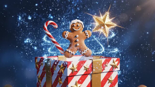 Gingerbread man in gift box with sparkles