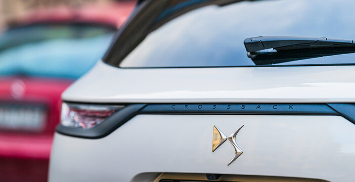 Gothenburg, Sweden - April 13 2025: Rear view of DS7 Crossback modern vehicle.