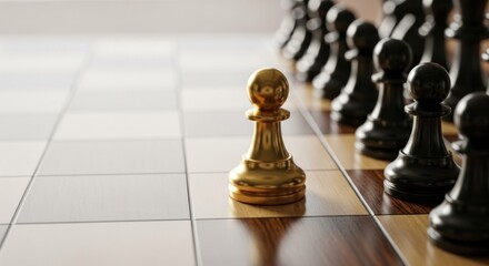 A solitary golden chess pawn faces a line of black pawns on a wooden chessboard