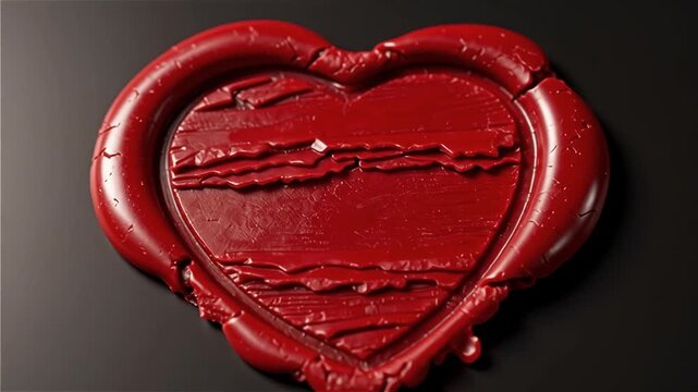 Detailed red wax seal in a heart shape on a dark surface with textured melted edges for romantic letters valentines day