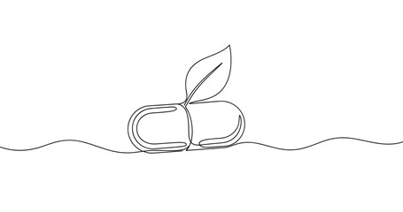 Obraz premium Continuous line art of natural supplement capsule with leaf. No editable stroke