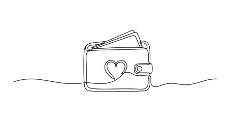 Obraz premium Continuous line drawing of wallet with cards and heart design. No editable stroke