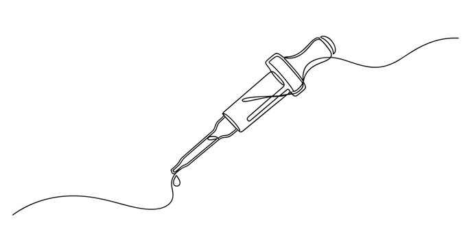 Continuous line art of medical syringe with droplet on white background. No editable stroke