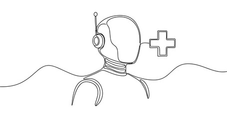 Obraz premium Ai medical assistant robot with headset and medical cross in minimal line art. No editable stroke