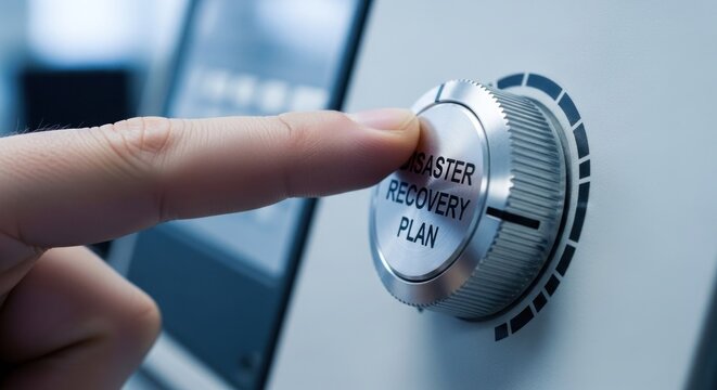 Close-up of a finger pressing a dial labeled "Disaster Recovery Plan" on a machine