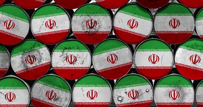 a panning of a lot of oil rusty barrels with the Iranian flag
