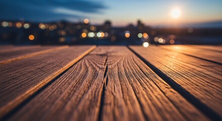 Close-up of weathered wooden planks with a blurred cityscape and sunset in the background