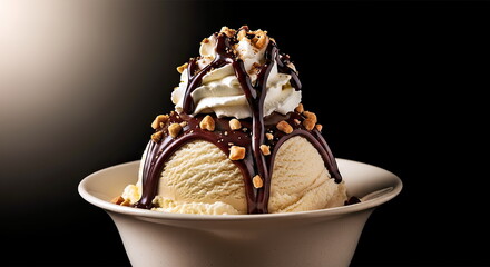 Dame Blanche ice cream, on a creamy black background. The ice cream, sculpted into a smooth, rounded ball, is topped with a rich dark chocolate sauce, chopped nuts, and a dollop of whipped cream.