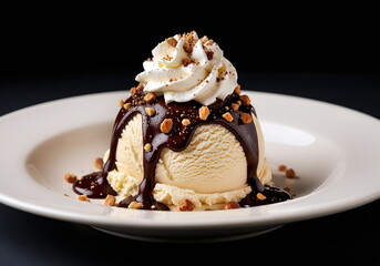 Dame Blanche ice cream, on a creamy black background. The ice cream, sculpted into a smooth, rounded ball, is topped with a rich dark chocolate sauce, chopped nuts, and a dollop of whipped cream.