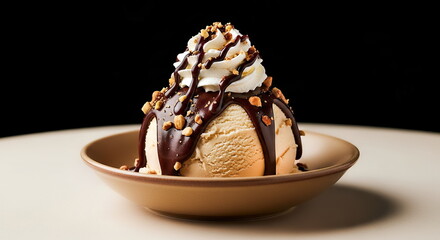 Dame Blanche ice cream, on a creamy black background. The ice cream, sculpted into a smooth, rounded ball, is topped with a rich dark chocolate sauce, chopped nuts, and a dollop of whipped cream.