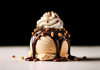 Dame Blanche ice cream, on a creamy black background. The ice cream, sculpted into a smooth, rounded ball, is topped with a rich dark chocolate sauce, chopped nuts, and a dollop of whipped cream.