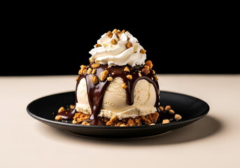 Dame Blanche ice cream, on a creamy black background. The ice cream, sculpted into a smooth, rounded ball, is topped with a rich dark chocolate sauce, chopped nuts, and a dollop of whipped cream.