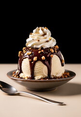 Dame Blanche ice cream, on a creamy black background. The ice cream, sculpted into a smooth, rounded ball, is topped with a rich dark chocolate sauce, chopped nuts, and a dollop of whipped cream.