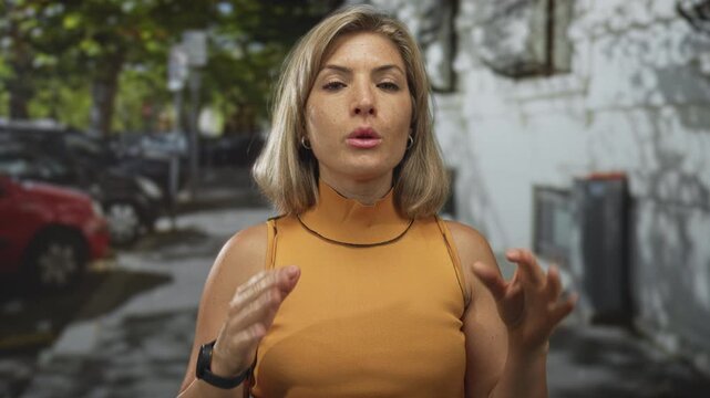 Woman in orange top breathing deeply while making ok sign with both hands on a city street near parked cars; calm mindfulness.