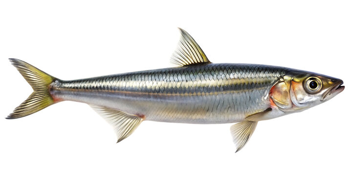 Slim elongated anchovy fish with silver scales and yellow fins isolated on a transparent background