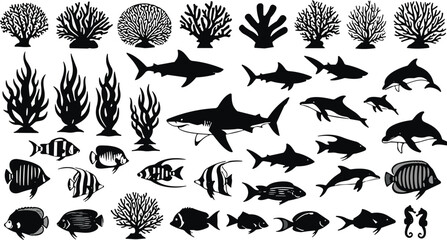 Large set of black marine life silhouettes featuring various tropical fish sharks dolphins seahorses and coral reef plants isolated on white © Shihab Creative