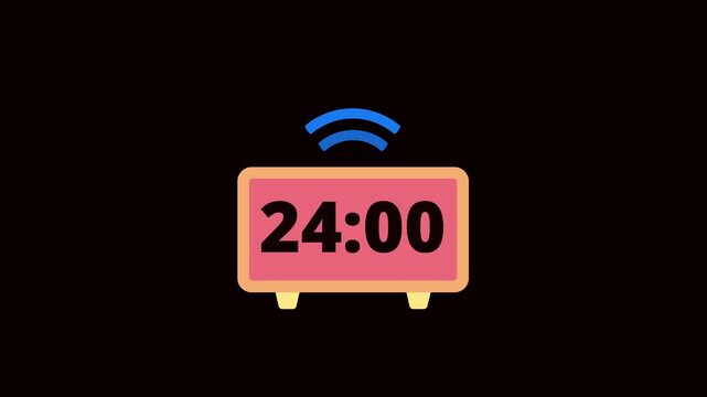 Digital Alarm Clock 24:00 Time Reminder Animation On Black Background. 24:00 AM PM Alarm Clock Flat Motion Graphic. Clock Alarm Notification Minimal Animation	