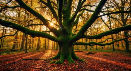 Majestic tree with mossy limbs spreads across an autumn forest bathed in sunlight