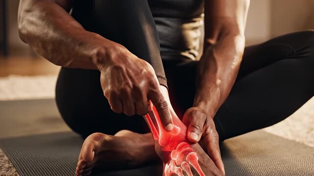 Person holding ankle with highlighted bones