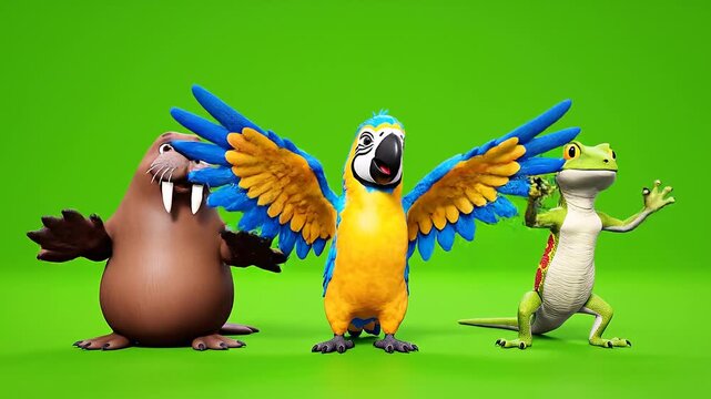 A colorful video featuring cartoon animals, including a beaver, parrot, and frog, in a green environment