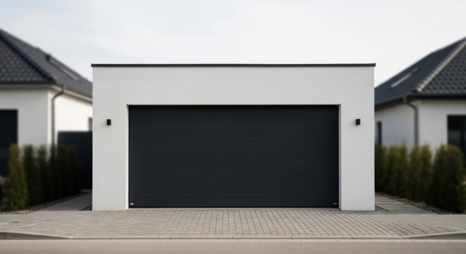 Modern detached garage with a dark gray door between two houses under a clear sky