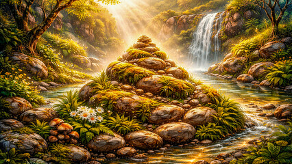 Earth, a Feng Shui element, balanced stones in a stream of light