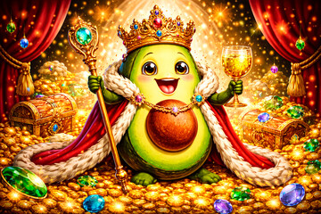 Cute avocado king surrounded by treasure and golden wealth